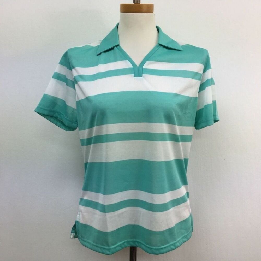 Vardon Polo Shirt Top Medium Mint Green White Striped Seamist Lightweight NWT